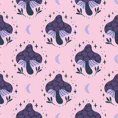 Wall Mural - Mystical vector seamless pattern with celestial mushrooms, moon. Hand drawn magical fungi illustration. Witchy background. Whimsical fantasy print for fabric, wrapping, digital paper.