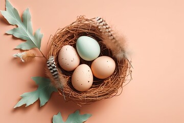 Wall Mural - bird's nest with eggs and feathers on a pink background. Generative AI