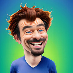 Wall Mural - Large Head Caricature Man with Wild Hair and Goatee and Blue Shirt Smile Laughing and Reacting Generative AI Illustration
