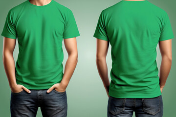 Photo realistic male green t-shirts with copy space, front and back view. Created with Generative AI Technology