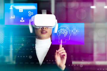 Poster - Virtual reality, businesswoman with vr headset, globalization or future business innovation. Knowledge metaverse, icons overlay, AI artificial intelligence technology.