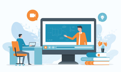 Fototapete - business team working with video conference meetings online and online education Webinar, video training, tutorial podcast and business coaching concept.
