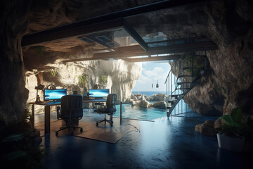 Poster - Luxury interior of a modern office with panoramic sea view, Generative AI