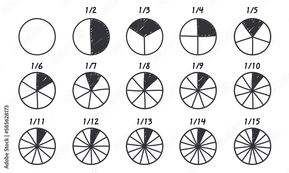 Circles divided into parts from 1 to 15. Doodle outline round chart for ...
