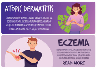 Wall Mural - Atopic dermatitis and eczema web banners set, flat vector illustration. People suffering from skin inflammation.