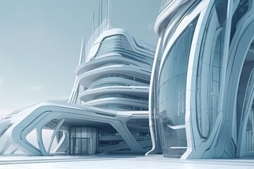 Poster - futuristic cityscape with towering buildings and advanced technology. generative ai