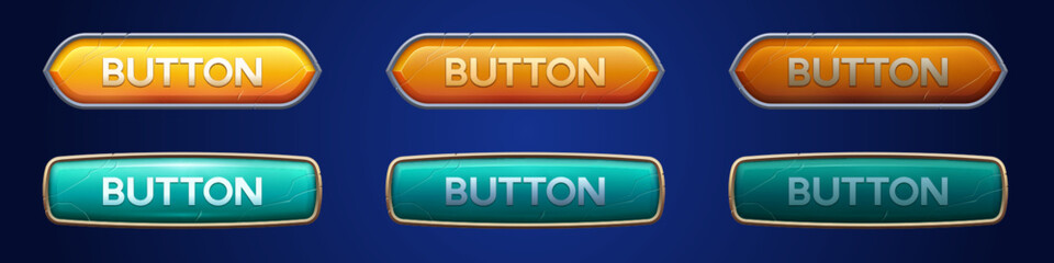 Poster - Medieval ui game orange button with metal frame sprite for animation. Fantasy rpg title sign design on dark background. Isolated retro interface banner element assets. Vintage scratched green bar icon