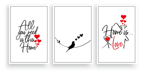 Wall Mural - Bird silhouette on wire and hearts illustration, vector. Cute cartoon illustration. Bird silhouette illustration isolated on white background. Wall art, artwork, wall decals