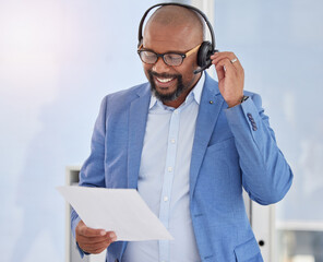Poster - Black man, call center and business consulting with script for telemarketing, sales or customer service at office. Happy African American male salesman with headphones and policy for communication