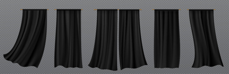 Black silk curtains for window isolated on transparent background. Theater stage fabric drapery fluttering on wind. Hanging soft cloth, curtains, vector realistic set