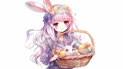 Wall Mural - anime girl with rabbit, basket and eggs colored eggs