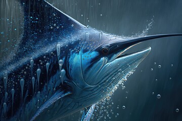 Wall Mural - close-up of marlin's jumping fin, with water droplets flying in the air, created with generative ai