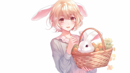 Wall Mural - anime girl with rabbit, basket and eggs colored eggs