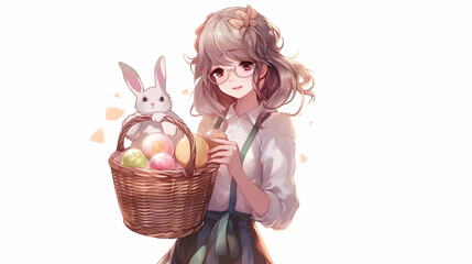 Wall Mural - anime girl with rabbit, basket and eggs colored eggs