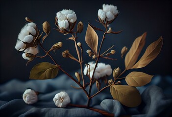 Cotton plant with white flowers on blue fabric. Generative AI
