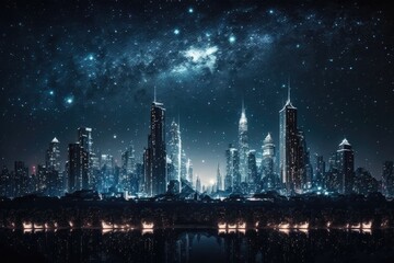 Poster - megapolis at night, with view of the city skyline and stars in the sky, created with generative ai