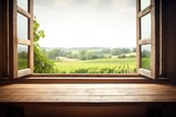 Fototapeta Natura - Empty wooden table, vineyard view out of open window. Template for product presentation. Generative AI