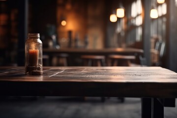 Empty wooden table surface, blur dark cafe restaurant interior background. Generative AI