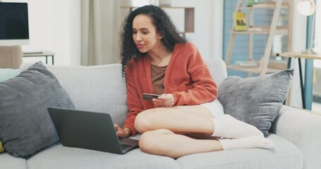 Canvas Print - Happy woman, credit card and online shopping on laptop, digital fintech payment and customer budget in lounge. Female, ecommerce and computer banking for finance, cash investment and website sales