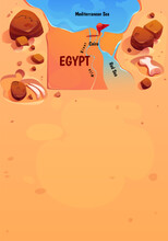 Egypt Geographic Map With Cairo, Nile, Red And Mediterranean Sea, Desert. Poster With Egyptian Capital Location Mark, River, Bones And Copy Space, Vector Cartoon Illustration