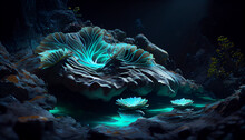 Bioluminescent Ethereal Water Elementals Nesting In A Rock Pool