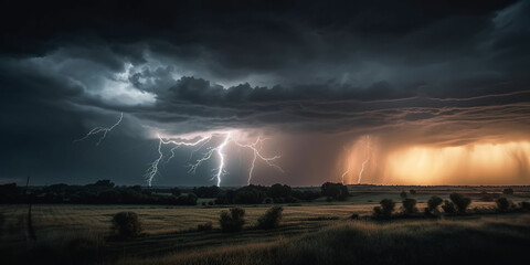 Wall Mural - clouds and lightning in a stormy weather generative ai