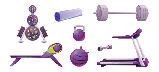 Wall Mural - Cartoon set of gym workout equipment isolated on white background. Vector illustration of yoga mat, barbell, dumbbell, weight plate, bench, fitball, treadmill for fitness exercising. Healthy lifestyle