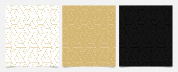 set of geometric seamless patterns. linear abstract geometric pattern on white, gold, and black back