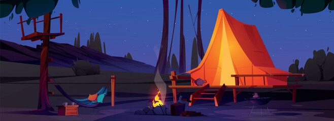 Night camp with tent, burning bonfire and hammock. Vector cartoon illustration of dark forest landscape with stones, trees, bushes, many stars on sky, equipment for outdoor picnic. Glamping activity