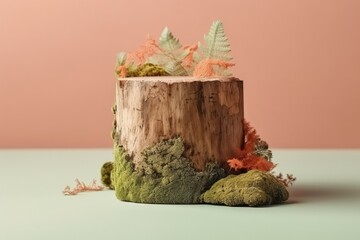 Wall Mural - moss-covered tree stump with foliage. Generative AI