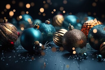 Canvas Print - colorful and festive Christmas ornaments arranged on a table. Generative AI