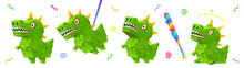 Cartoon Set Of Green Dinosaur Pinata And Bat Isolated On White Background. Vector Illustration Of Funny Color Paper Accessory For Traditional Birthday Surprise Party Fun. Swinging Animation Set