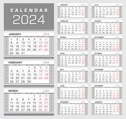 Calendar 2024. Wall quarterly calendar with week numbers. Week start from Monday. Ready for print, color - Black, Red, Silver. Vector Illustration