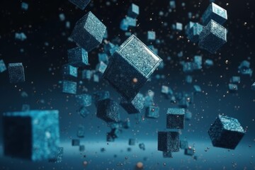 Poster - floating cubes in a surrealistic landscape. Generative AI