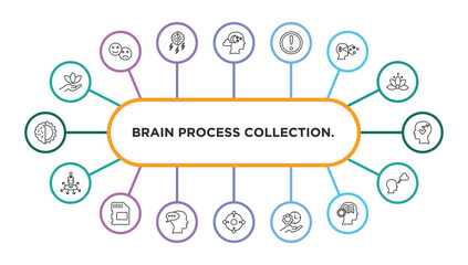 Poster - brain process collection. outline icons with infographic template. thin line icons such as relax, imagination, failure, perception, thinking love, opportunities, memory, think, concentration, time