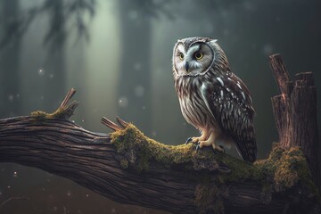 Wall Mural - owl perched on branch, watching forest creatures go about their business, created with generative ai