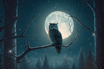 Poster - night forest with moon and stars shining through the trees, and owl perched on branch, created with generative ai