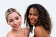 © Анастасия Каргаполов - Woman close beauty portrait mixed race black skin and white skin, two female on white background