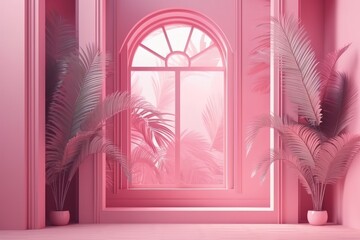 Sticker - cozy pink room with natural light and greenery. Generative AI