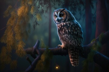 Poster - owl, perched on tree branch and watching the night forest, created with generative ai