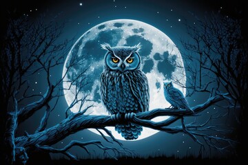 night forest, with big moon shining in the night sky, and owl sitting on tree branch, created with generative ai