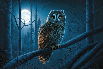 Wall Mural - night forest with owl perched on tree branch, eyes shining in the moonlight, created with generative ai