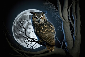 Poster - owl perched on branch, eyes shining in the moonlight, created with generative ai