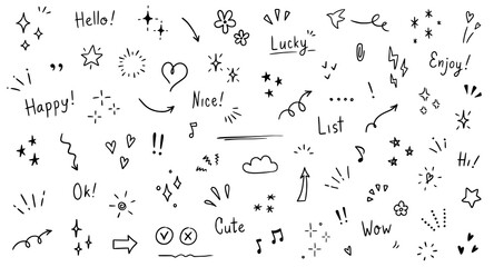 doodle cute glitter pen line elements. doodle heart, arrow, star, sparkle decoration symbol set icon