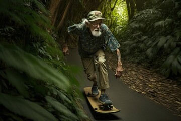 Poster - old man with skateboard, rolling downhill through lush forest, created with generative ai