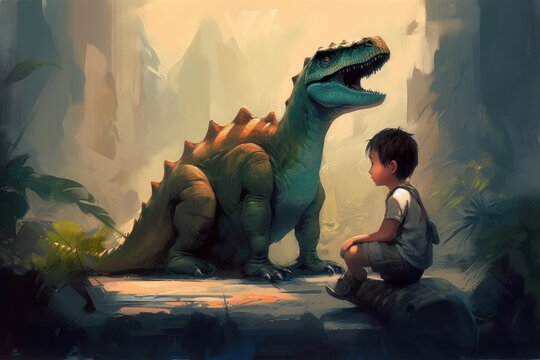 Prehistoric Wonders: A Boy's Adventure with Dinosaurs in a Stunning Digital Painting, Generative AI.