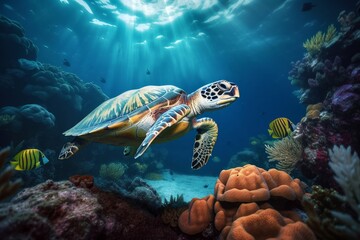 Wall Mural - the Vibrant Underwater World: A Journey Through Corals and Turtles on the Water Floor, Generative AI.