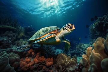 Wall Mural - the Vibrant Underwater World: A Journey Through Corals and Turtles on the Water Floor, Generative AI.