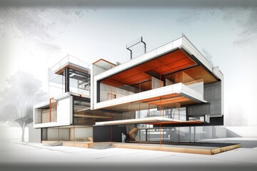 Poster - modern skyscraper with numerous glass windows. Generative AI