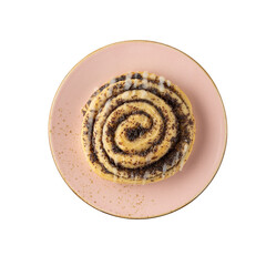 Wall Mural - Fresh baked tasty poppy spiral bun with sugar fudge on pink vintage plate isolated on white